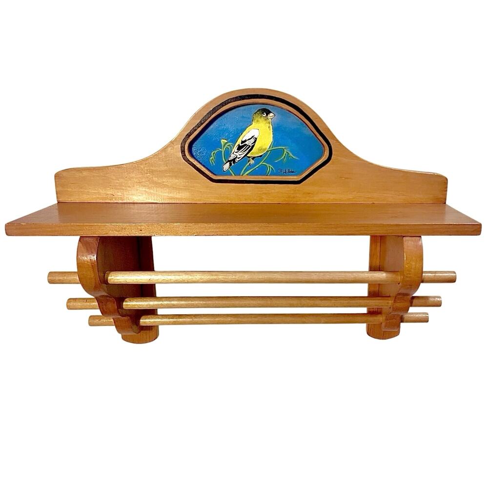 Handmade Wood Shelf Dowel Rack Painted Goldfinch Bird Towel Kitchen Storage